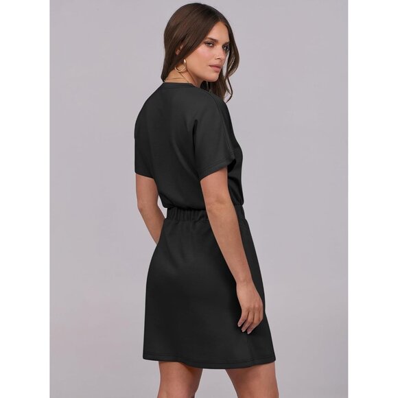Anrabess Women Black Crew Neck Elastic Waist Mini T Shirt Dress With Pocket - Picture 5 of 6